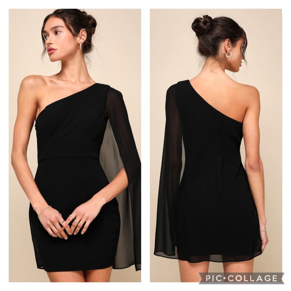 Lulus Majestic Energy Black Cape Sleeve One Shoulder Mini Dress NEW Medium